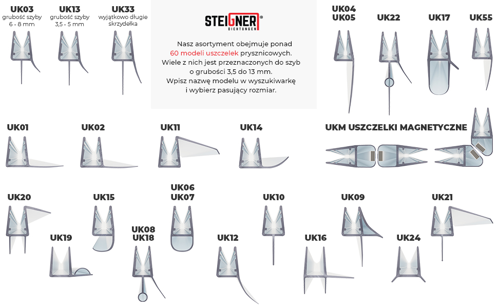 Przykładowe modele uszczelek prysznicowych Steigner